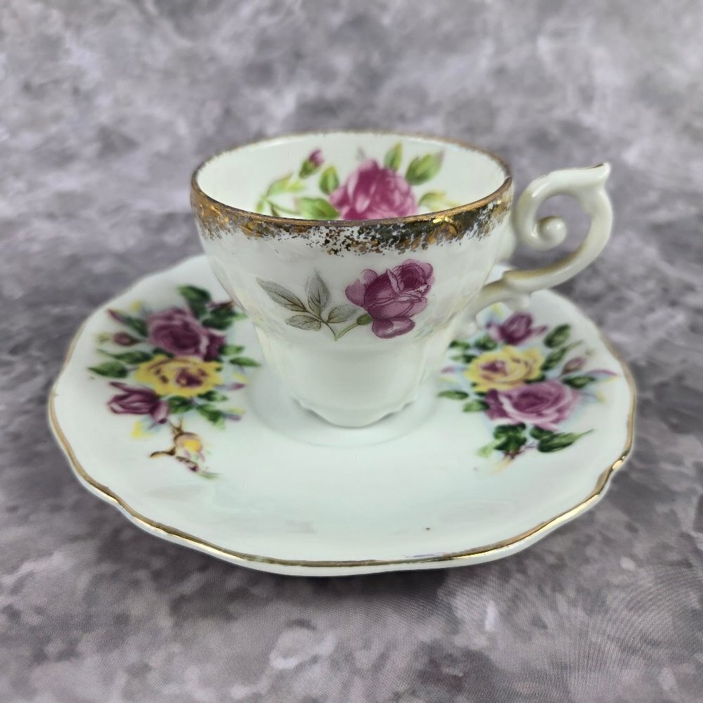 White Porcelain Demitasse Cup & Saucer Pink Yellow Roses Gold Trim Vintage Japan